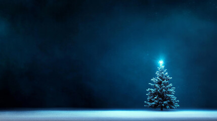 Wall Mural - serene winter scene featuring snow covered Christmas tree illuminated by bright star. tranquil blue background enhances festive atmosphere, evoking feelings of joy and peace