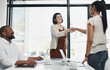 © peopleimages.com - Handshake, pregnant and woman with smile, welcome and art director in meeting, stomach and creative. Greeting, professional and shaking hands with coworker, ambitious and empowerment in business