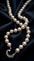 Luxurious pearl necklace with ornate clasp on black silk background