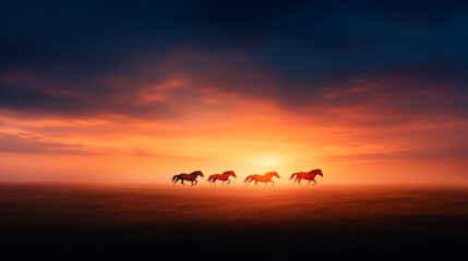 Wall Mural - Galloping wild horses silhouette against vibrant sunset sky, creating sense of freedom and beauty in nature. scene captures essence of wildness and tranquility