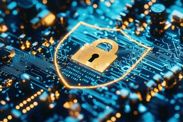 Aufkleber - A Golden Lock Symbol Embedded in a Blue Circuit Board Representing Cybersecurity