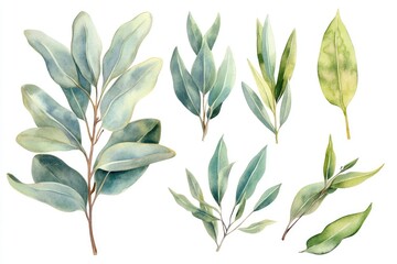 Botanical Eucalyptus Essential Oil Set with Hand-Drawn Watercolor Illustration on White Background