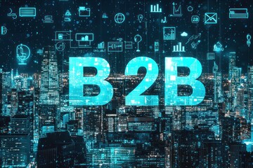 Poster - Blue Neon B2B Sign Over Nighttime City Skyline