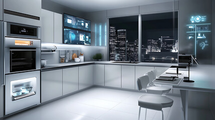 sleek kitchen with smart lighting and modern appliances, showcasing innovation and style