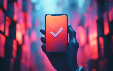 Aufkleber - Captivating 3D rendering of a hand holding a smartphone with a checkmark symbol, highlighting success and approval in an eyecatching, modern aesthetic