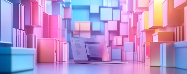 Leinwandbilder - Creative 3D rendering of a digital document management system with mobile and laptop devices collaborating, set against a visually striking and modern background