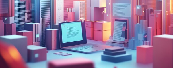 Leinwandbilder - Creative 3D rendering of a digital document management system with mobile and laptop devices collaborating, set against a visually striking and modern background