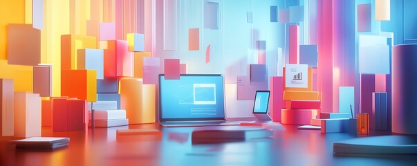 Fototapete - Creative 3D rendering of a digital document management system with mobile and laptop devices collaborating, set against a visually striking and modern background
