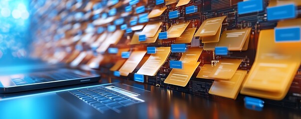 Leinwandbilder - Detailed image illustrating a digital document management system concept, emphasizing mobile and laptop interactions within a unique and engaging background