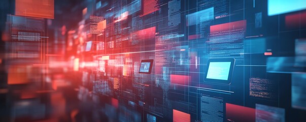 Leinwandbilder - Detailed image illustrating a digital document management system concept, emphasizing mobile and laptop interactions within a unique and engaging background