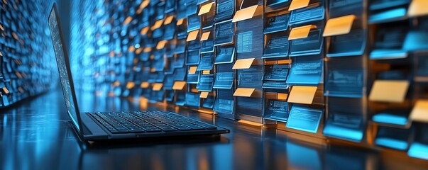 Leinwandbilder - Detailed image illustrating a digital document management system concept, emphasizing mobile and laptop interactions within a unique and engaging background