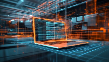 Leinwandbilder - Engaging 3D visualization of a digital document management ecosystem featuring mobile and laptop collaboration, presented in a dynamic and creative setting