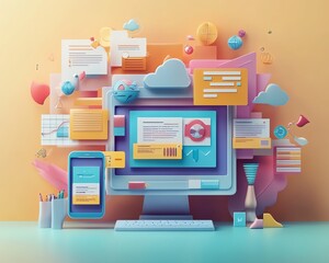 Fototapete - Eyecatching 3D visualization of a digital document management system highlighting mobile and laptop interactions in an artistic and visually appealing background