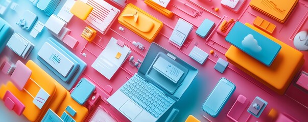 Leinwandbilder - Innovative 3D visualization of a digital document management system with mobile and laptop connections, set in a colorful and imaginative background design
