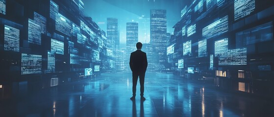 Leinwandbilder - Stunning 3D rendering of a businessman managing digital documents in a virtual environment, showcasing advanced technology and data organization in a sleek setting