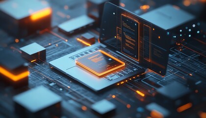 Fototapete - Captivating 3D rendering of a digital document management system showcasing mobile and laptop interaction, complemented by a creative and inspiring background