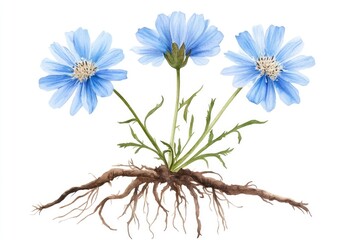 Natural Chicory Flowers and Roots Set. Hand-painted Watercolor Illustration on White Background