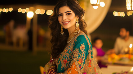 Wall Mural - Flower Backdrop with Lady in Saree Smiling in Sunlight