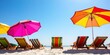 © PuriStudio - Bright and colorful beach umbrella standing in the sand on a sunny summer day, vibrant, colorful