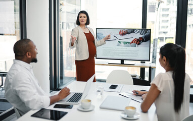 Poster - Presentation, pregnancy and businesswoman in office with meeting for finance revenue statistics. Discussion, TV screen and pregnant female financial advisor with employees for asset management.