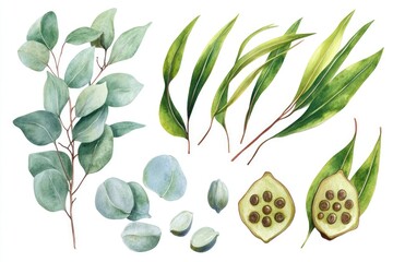 Watercolor Eucalyptus Essential Oil Set with Hand-Drawn Leaves on White Background