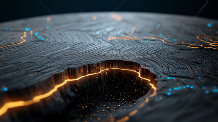 Canvas Print - macro shot of circuit board with intricate paths in intense blue and black, showcasing glowing orang