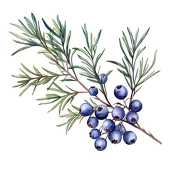 Watercolor Juniper Berries and Tree Branches. Botanical Illustration for Aromatherapy and Cooking