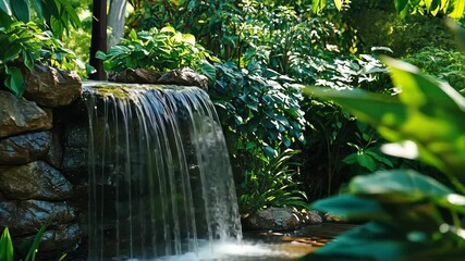 A small waterfall flows over rocks in a lush, green garden