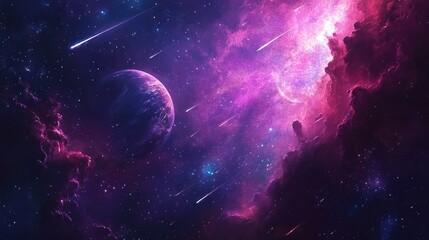 Wall Mural - vibrant space background with shooting stars, a distant planet, and swirling nebula clouds, showcasi
