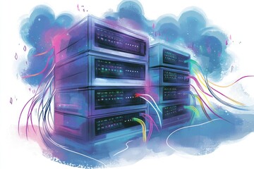 Fototapete - Server Racks Connected by Colorful Cables in Abstract Cloud Setting