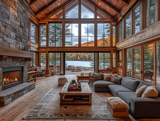 A cozy cabin with a large window overlooking a serene lake, surrounded by a lush forest and majestic mountains.