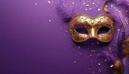 Celebrate Mardi Gras with a vibrant masquerade mask on a purple background