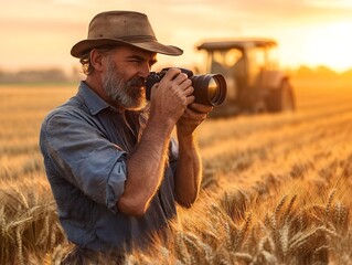 A bearded man with a camera captures the golden wheat field at sunset, blending nature and creativity