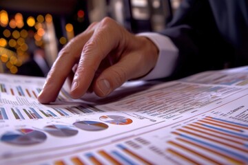 Poster - Close-up of a Hand Analyzing Financial Data with Charts and Graphs