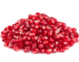 A bunch fruits of small red grains pomegranate seeds on white background.