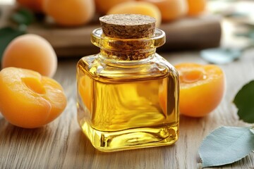 Wall Mural - Apricot oil in a glass bottle. This image is ideal for promoting beauty products or natural remedies.