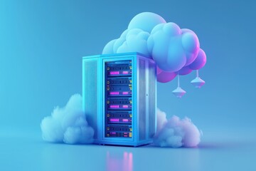 Poster - Server Rack Connected to a Cloud in a Blue Studio Setting