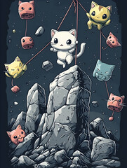 Wall Mural - A whimsical scene featuring a white cat and colorful creatures in space, playing among rocks.
