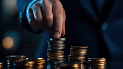 Poster - A hand is stacking golden coins in a dimly lit setting, symbolizing finance, investment, and wealth accumulation.