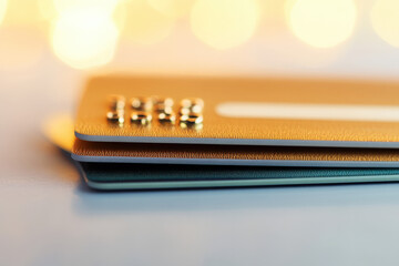 Poster - A close-up of stacked credit cards with a soft, blurry background filled with warm bokeh lights, emphasizing their sleek design and metallic sheen.