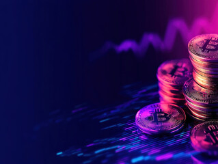 Poster - A vibrant digital depiction of stacked cryptocurrencies, suggesting growth and investment potential in the digital currency market.