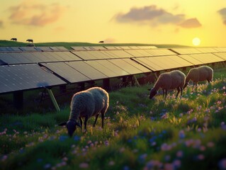 Solar farm at sunset with sheep grazing among flowers, highlighting sustainable agriculture and renewable energy.