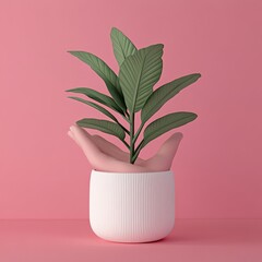 Wall Mural - A potted plant with green leaves sits in a white pot on a pink background.