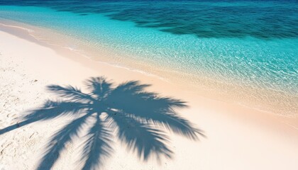 Wall Mural - Tropical palm leaf shadow on white sand beach beside calm ocean water