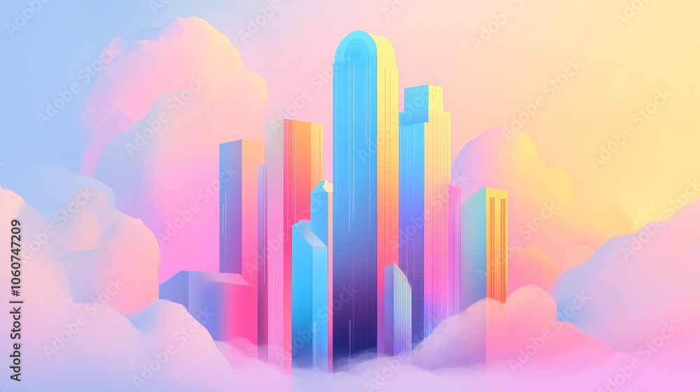 Futuristic skyscrapers emerging from colorful dreamy clouds under soft ...
