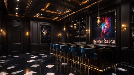 Luxurious art deco basement bar features mirrored walls and elegant gold accents for sophisticated entertaining experience