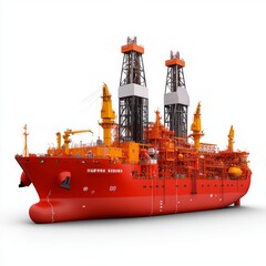 A red and orange drilling rig with two towers on a white background.