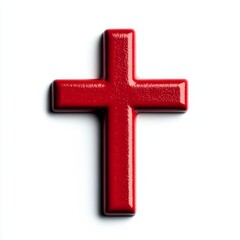 A red, glossy cross isolated on a white background.