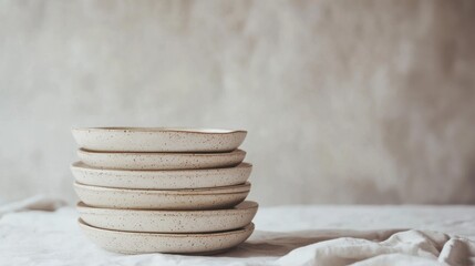 Wall Mural - Neatly Stacked Empty Ceramic Plates with Textured Finish on Neutral Background