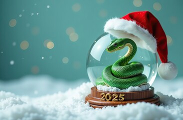 Wall Mural - Snow Globe with snake Inside in Santa's hat on Light Snow Background, Christmas Background, Card, Golden Numbers 2025, copy space